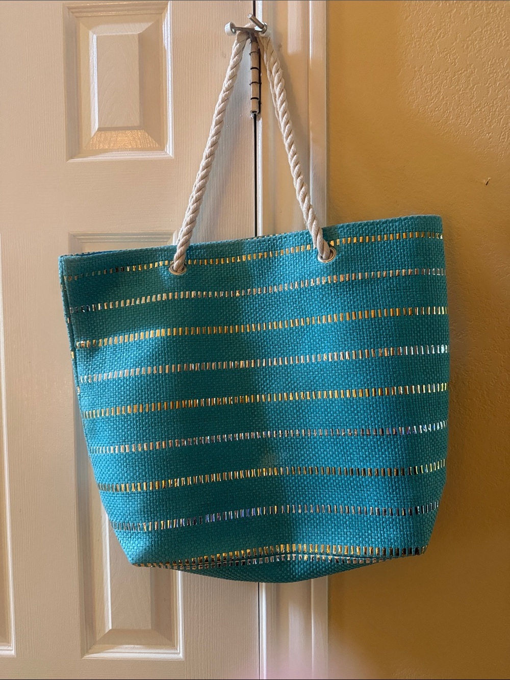 Turquoise Rope-Handle Beach Tote Bag